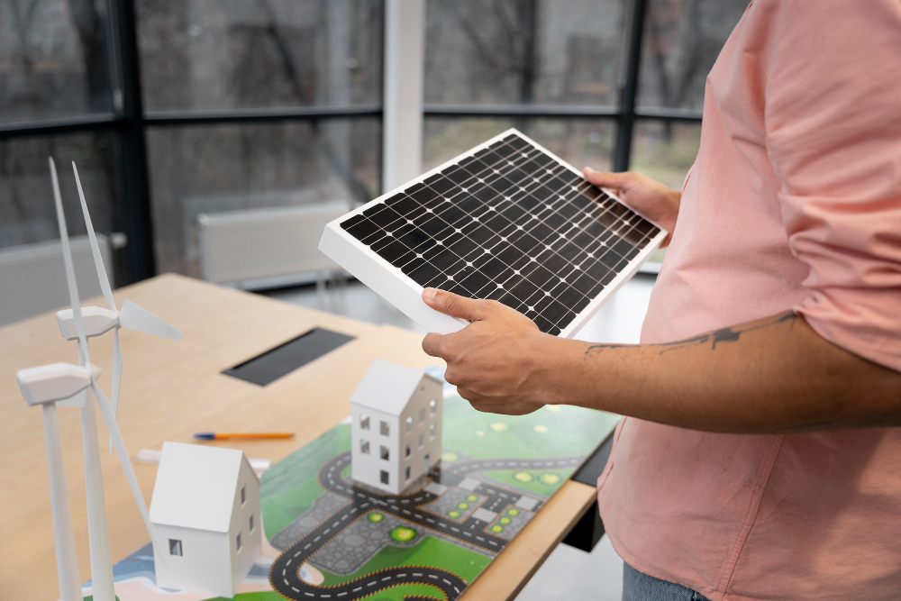 tipo de projeto de energia fotovoltaica: homem segura a placa fotovoltaica e observa como aplicar no projeto de construção. 